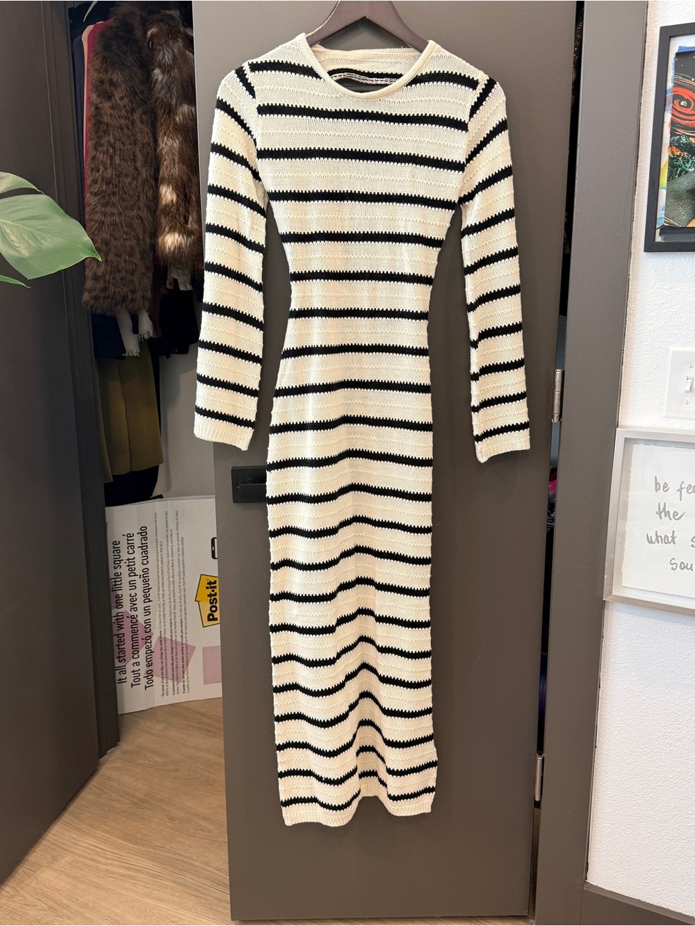 Striped Long Sleeve Knit Dress - Cream & Black